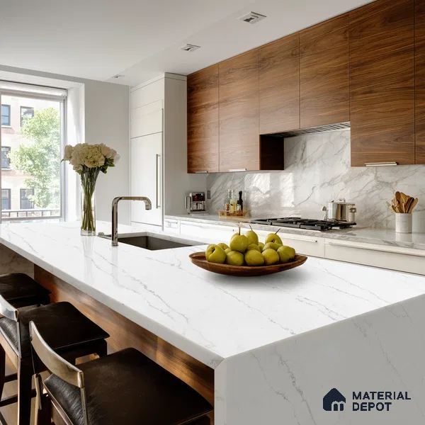 Belina Quartz QR 00277 Calacatta Lucento Helsinki Series 10.5 ft x 5.35 ft Quartz - 20 mm | 10 Years and Replacement Warranty | Suitable for Kitchen, Restaurant, Counter Tops, Dining, Reception, office