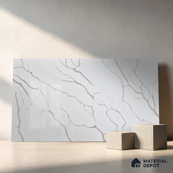 Belina Quartz QR 00239 Serene Calacatta Helsinki Series 11.5 ft x 6.5 ft Quartz - 20 mm | 10 Years of Replacement Warranty | Suitable for Kitchen, Restaurant, Counter Tops, Dining, Reception, office