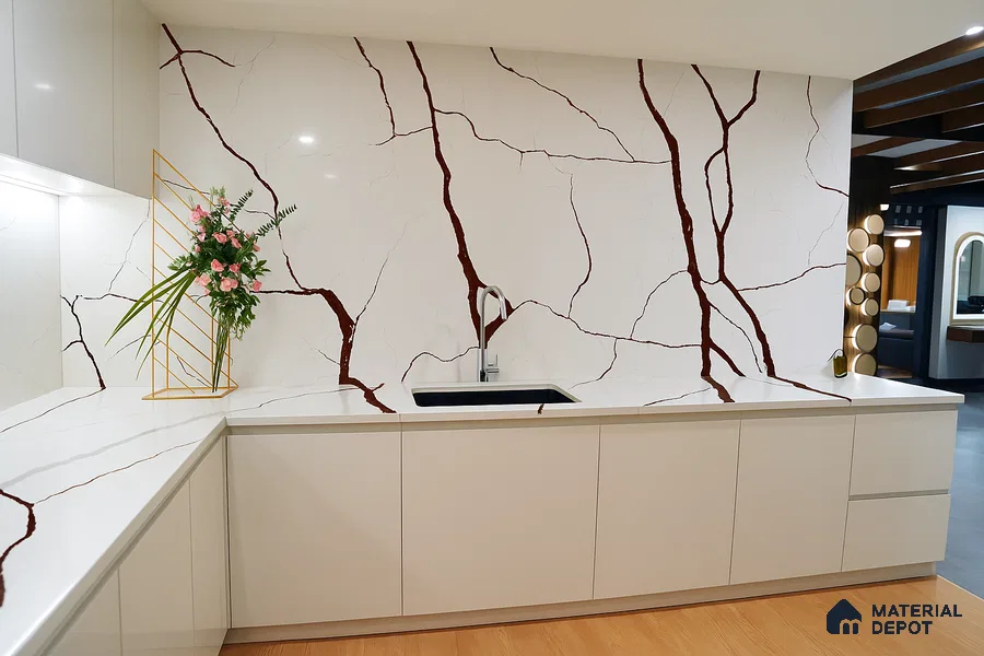 Belina Quartz QR 00235 Sienna Vein Helsinki Series 11.5 ft x 6.5 ft Quartz - 20 mm | 10 Years of Replacement Warranty | Suitable for Kitchen, Restaurant, Counter Tops, Dining, Reception, office