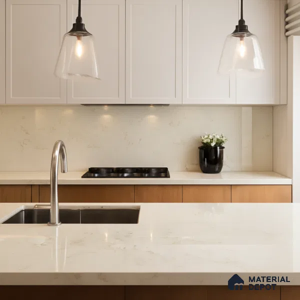 Belina Quartz QR 00226 Ivory Whisper Helsinki Series 11.5 ft x 6.5 ft Quartz - 20 mm | 10 Years of Replacement Warranty | Suitable for Kitchen, Restaurant, Counter Tops, Dining, Reception, office