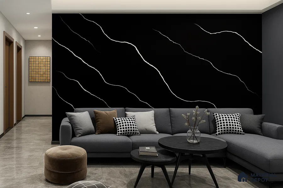 Belina Quartz QR 00243 Noir Cascade Helsinki Series 11.5 ft x 6.5 ft Quartz - 20 mm | 10 Years of Replacement Warranty | Suitable for Kitchen, Restaurant, Counter Tops, Dining, Reception, office