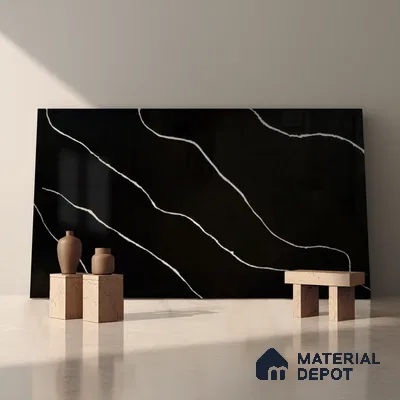 Belina Quartz QR 00243 Noir Cascade Helsinki Series 11.5 ft x 6.5 ft Quartz - 20 mm | 10 Years of Replacement Warranty | Suitable for Kitchen, Restaurant, Counter Tops, Dining, Reception, office