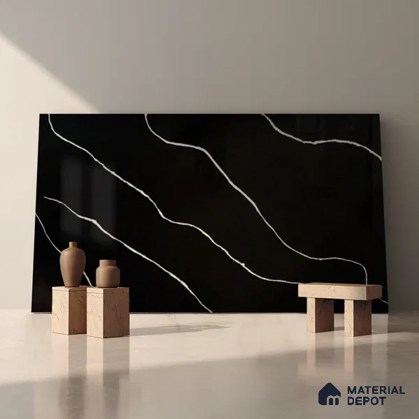 Belina Quartz QR 00243 Noir Cascade Helsinki Series 11.5 ft x 6.5 ft Quartz - 20 mm | 10 Years of Replacement Warranty | Suitable for Kitchen, Restaurant, Counter Tops, Dining, Reception, office