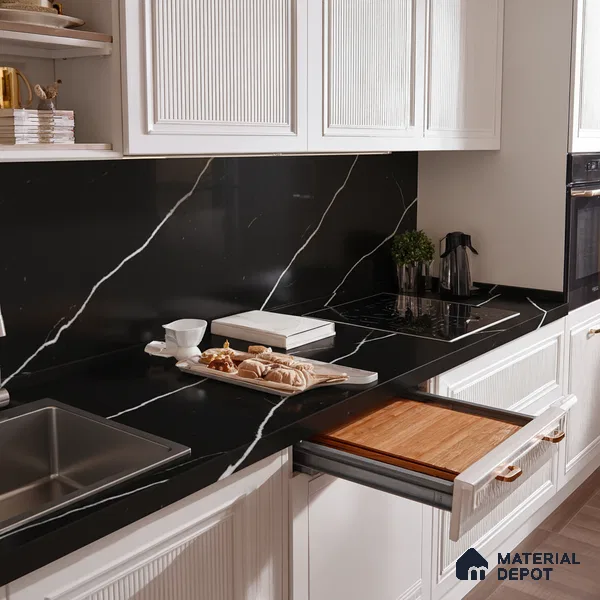 Belina Quartz QR 00243 Noir Cascade Helsinki Series 11.5 ft x 6.5 ft Quartz - 20 mm | 10 Years of Replacement Warranty | Suitable for Kitchen, Restaurant, Counter Tops, Dining, Reception, office