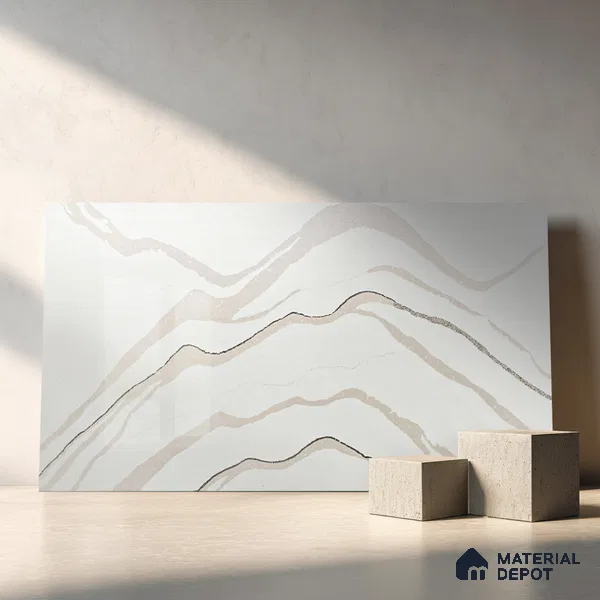 Belina Quartz QR 00238 Ivory Cascade Helsinki Series 11.5 ft x 6.5 ft Quartz - 20 mm | 10 Years of Replacement Warranty | Suitable for Kitchen, Restaurant, Counter Tops, Dining, Reception, office