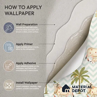 Pichwai Cows in Chevron | Sage Green Palm Tree Sheep Kids Look Wallpaper Handmade (Customised Size)