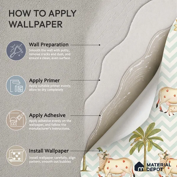 Pichwai Cows in Chevron | Sage Green Palm Tree Sheep Kids Look Wallpaper Handmade (Customised Size)