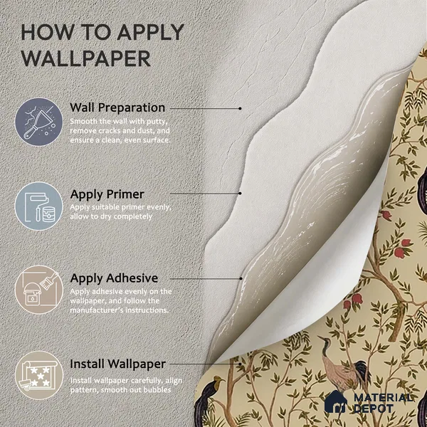 Chinoiserie Theme Wallpaper with Peacock, Khaki 10 Meter x 19.68 Inches Canvas Wallpaper - 54 Sq. Ft. | Minimum 15% wastage during installation