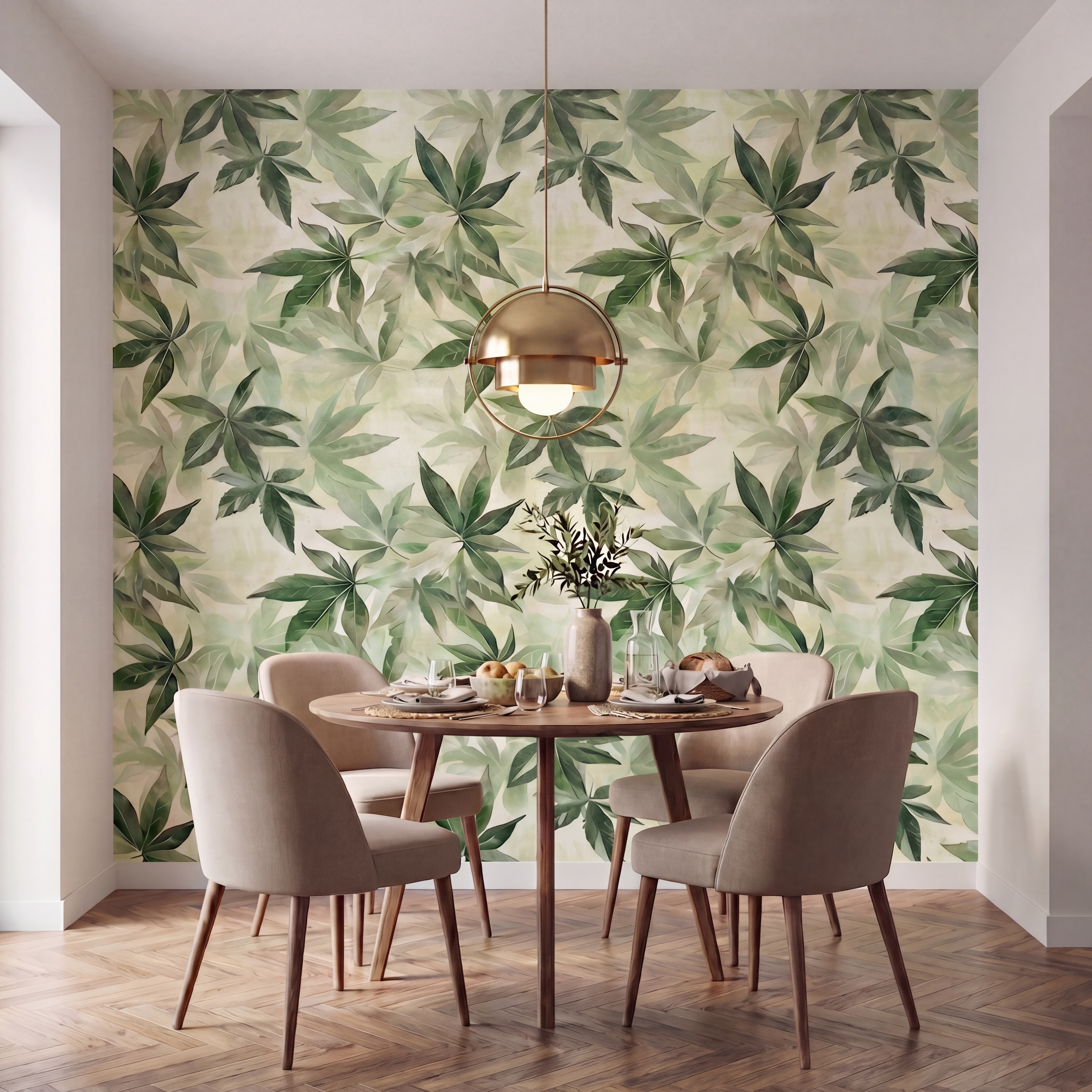 Cute Green Leaves Watercolor Seamless Background Wallpaper with Soft Botanical Charm | WP 05285 B Non Woven | 150 GSM WP01MTF Paper | (MOQ = 30 Sq. Ft.)