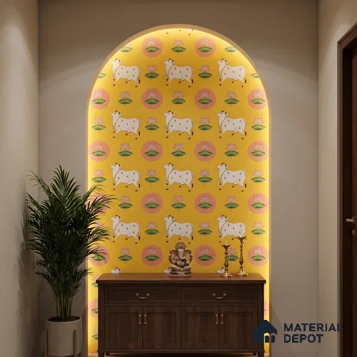 Golden Radiance Pichwai Cow and Lotus Motif Wallpaper on Vibrant Yellow Canvas | WP 05254 Canvas | 250 GSM WP01CNF Paper | (MOQ = 30 Sq. Ft.)