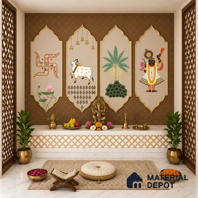 Sacred Pichwai Cow Wallpaper with Divine Balaji Motifs and Traditional Detailing | WP 05250 B Non Woven | 150 GSM WP01MTF Paper | (MOQ = 30 Sq. Ft.)
