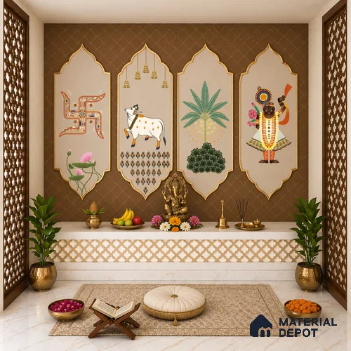 Sacred Pichwai Cow Wallpaper with Divine Balaji Motifs and Traditional Detailing | WP 05250 B Non Woven | 150 GSM WP01MTF Paper | (MOQ = 30 Sq. Ft.)