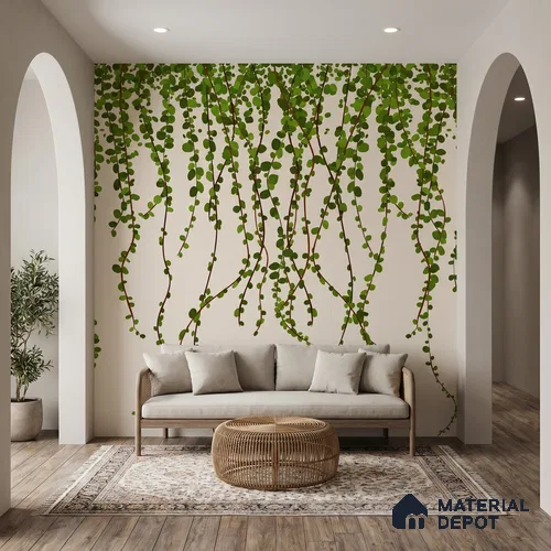 Green Foliage Wall Illustration Wallpaper of Climbing Leaves in Seamless Flow | WP 05279 B Non Woven | 150 GSM WP01MTF Paper | (MOQ = 30 Sq. Ft.)