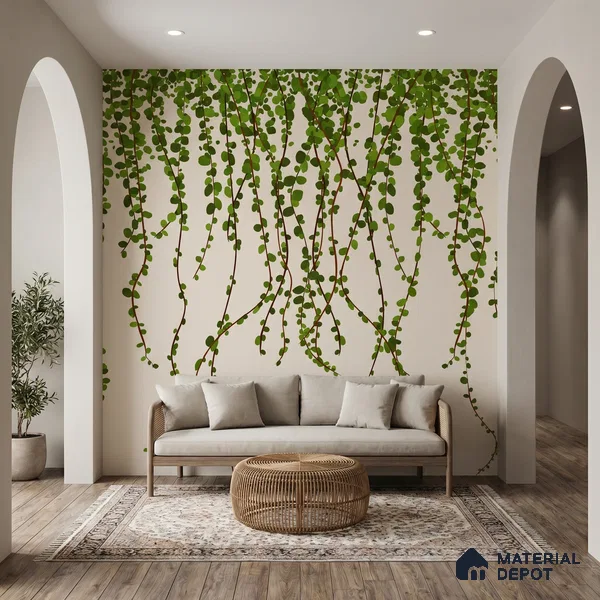 Green Foliage Wall Illustration Wallpaper of Climbing Leaves in Seamless Flow | WP 05279 B Non Woven | 150 GSM WP01MTF Paper | (MOQ = 30 Sq. Ft.)