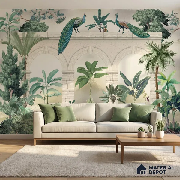 Traditional Mughal Wall Mural Wallpaper of Tropical Plants Birds and Peacock | WP 05283 B Non Woven | 150 GSM WP01MTF Paper | (MOQ = 30 Sq. Ft.)