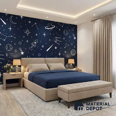 Hand-Drawn Doodle Sketch of Stars Wallpaper Planets and Galaxy Wonders | WP 05245 B Non Woven | 150 GSM WP01MTF Paper | (MOQ = 30 Sq. Ft.)