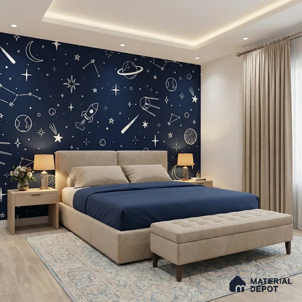 Hand-Drawn Doodle Sketch of Stars Wallpaper Planets and Galaxy Wonders | WP 05245 B Non Woven | 150 GSM WP01MTF Paper | (MOQ = 30 Sq. Ft.)