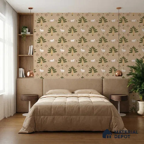 Ethnic Pichwai Cow Wallpaper Amidst Lush Banana Trees and Sacred Harmony | WP 05252 Canvas | 250 GSM WP01CNF Paper | (MOQ = 30 Sq. Ft.)