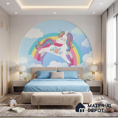 Rainbow Unicorn Wallpaper Jumping Through Soft Clouds and Magical Skies | WP 05239 Canvas | 250 GSM WP01CNF Paper | (MOQ = 30 Sq. Ft.)