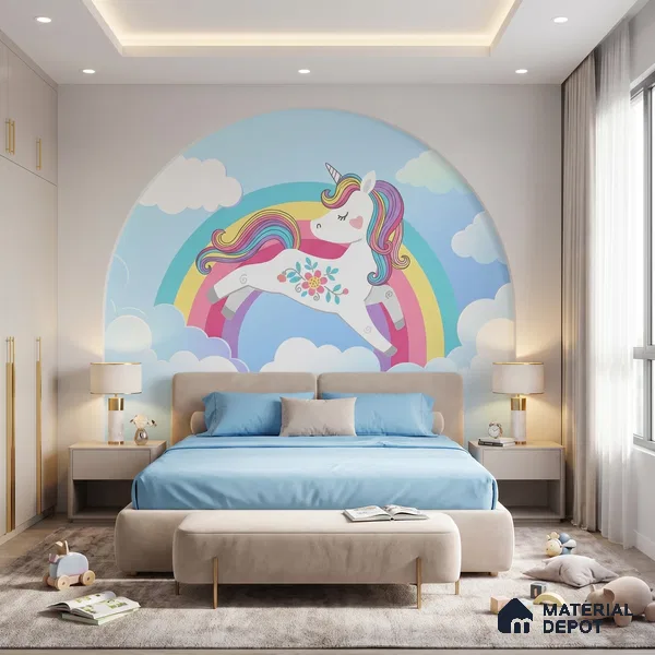 Rainbow Unicorn Wallpaper Jumping Through Soft Clouds and Magical Skies | WP 05239 Canvas | 250 GSM WP01CNF Paper | (MOQ = 30 Sq. Ft.)