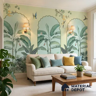 Majestic Mughal Garden Wall Mural Wallpaper with Arched Tropical Paradise | WP 05259 Canvas | 250 GSM WP01CNF Paper | (MOQ = 30 Sq. Ft.)