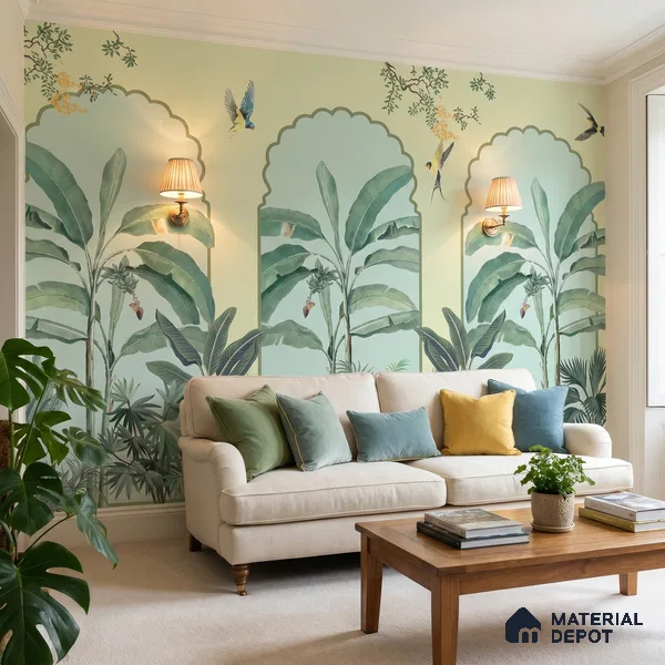 Majestic Mughal Garden Wall Mural Wallpaper with Arched Tropical Paradise | WP 05259 Canvas | 250 GSM WP01CNF Paper | (MOQ = 30 Sq. Ft.)