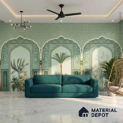 Traditional Mughal Garden Illustration Wallpaper with Ornamental Arches and Trees | WP 05260 Canvas | 250 GSM WP01CNF Paper | (MOQ = 30 Sq. Ft.)
