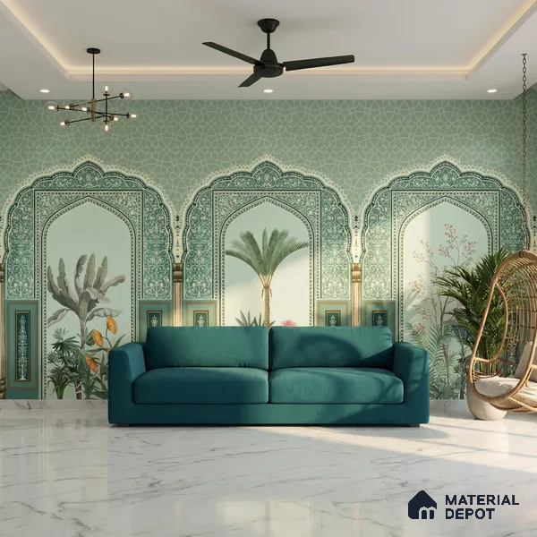 Traditional Mughal Garden Illustration Wallpaper with Ornamental Arches and Trees | WP 05260 Canvas | 250 GSM WP01CNF Paper | (MOQ = 30 Sq. Ft.)