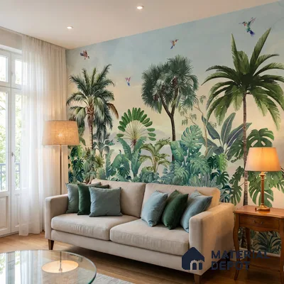 Jungle Garden Wall Mural Illustration Wallpaper Bringing Nature into Interior Spaces | WP 05282 B Non Woven | 150 GSM WP01MTF Paper | (MOQ = 30 Sq. Ft.)