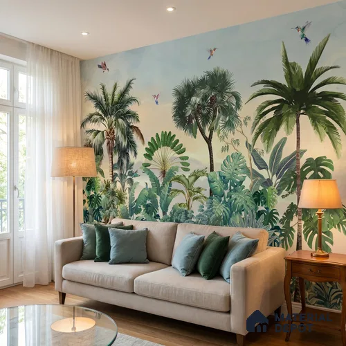 Jungle Garden Wall Mural Illustration Wallpaper Bringing Nature into Interior Spaces | WP 05282 B Non Woven | 150 GSM WP01MTF Paper | (MOQ = 30 Sq. Ft.)