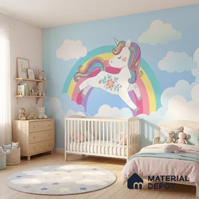 Rainbow Unicorn Wallpaper Jumping Through Soft Clouds and Magical Skies | WP 05239 Canvas | 250 GSM WP01CNF Paper | (MOQ = 30 Sq. Ft.)