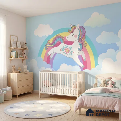 Rainbow Unicorn Wallpaper Jumping Through Soft Clouds and Magical Skies | WP 05239 Canvas | 250 GSM WP01CNF Paper | (MOQ = 30 Sq. Ft.)