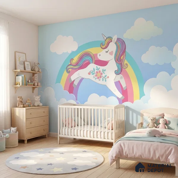 Rainbow Unicorn Wallpaper Jumping Through Soft Clouds and Magical Skies | WP 05239 Canvas | 250 GSM WP01CNF Paper | (MOQ = 30 Sq. Ft.)