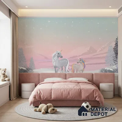 Winter Holiday Scene Wallpaper with a Magical Unicorn in Falling Snow | WP 05243 B Non Woven | 150 GSM WP01MTF Paper | (MOQ = 30 Sq. Ft.)
