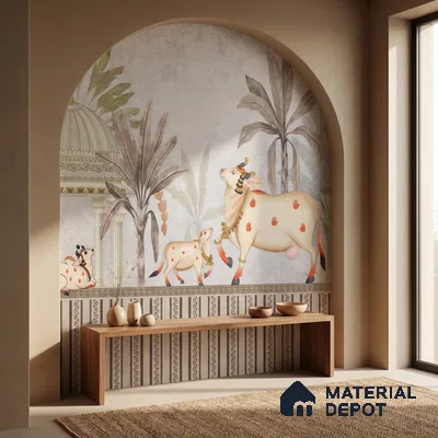 Seamless Pichwai Cow and Tree Pattern Wallpaper Celebrating Indian Heritage | WP 05253 B Non Woven | 150 GSM WP01MTF Paper | (MOQ = 30 Sq. Ft.)