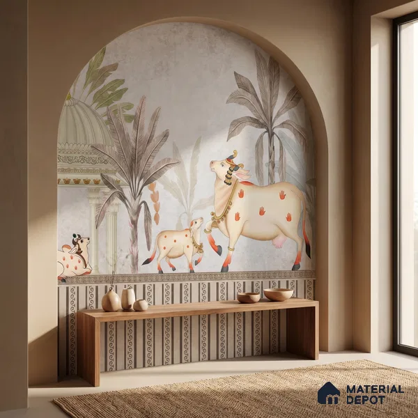 Seamless Pichwai Cow and Tree Pattern Wallpaper Celebrating Indian Heritage | WP 05253 B Non Woven | 150 GSM WP01MTF Paper | (MOQ = 30 Sq. Ft.)