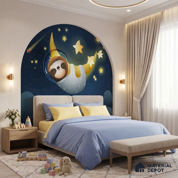 Cute Sloth Sleeping Peacefully on a Golden Moon Wallpaper Under Stars | WP 05248 B Non Woven | 150 GSM WP01MTF Paper | (MOQ = 30 Sq. Ft.)
