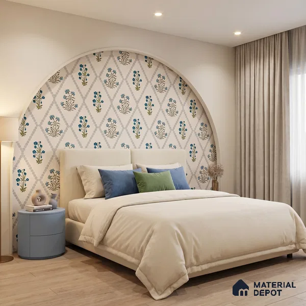 WP 05267 | Ivory Trellis Green Buti Customized Floral Wallpaper - Canvas