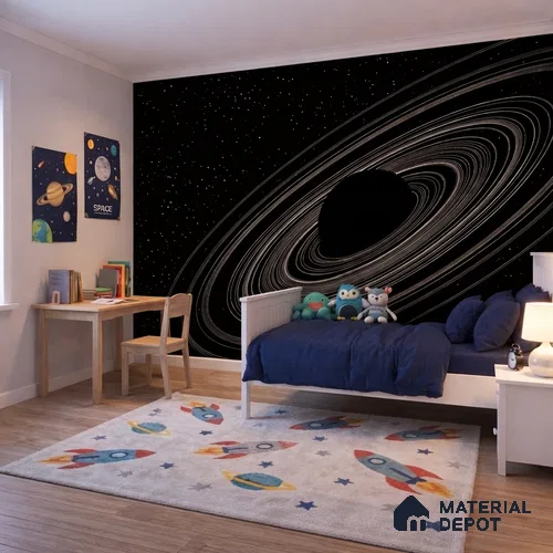 Dark Spiral Planet with Rings Wallpaper Floating in a Mysterious Cosmos | WP 05246 Canvas | 250 GSM WP01CNF Paper | (MOQ = 30 Sq. Ft.)