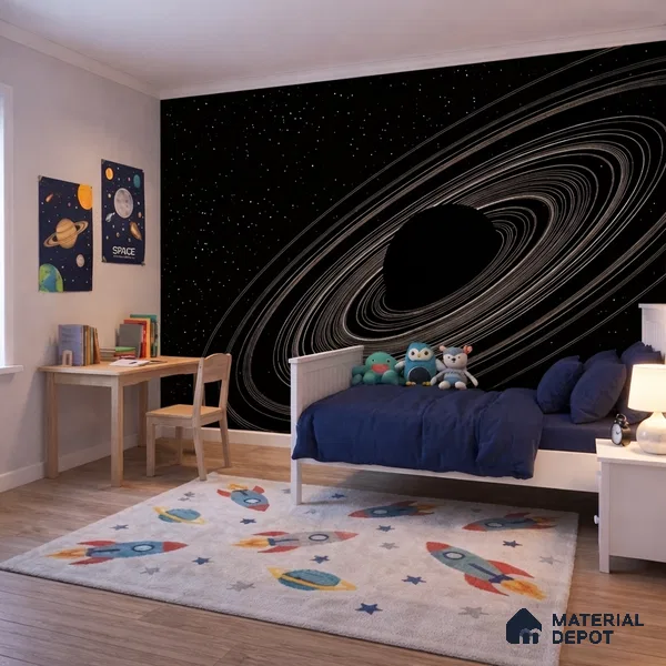 Dark Spiral Planet with Rings Wallpaper Floating in a Mysterious Cosmos | WP 05246 Canvas | 250 GSM WP01CNF Paper | (MOQ = 30 Sq. Ft.)