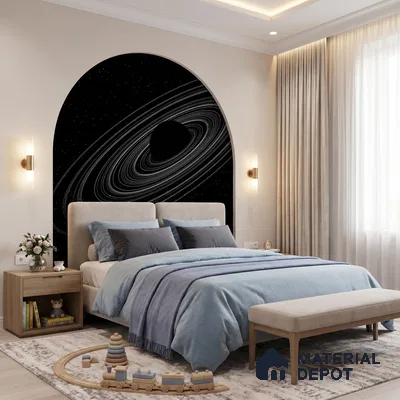 Dark Spiral Planet with Rings Wallpaper Floating in a Mysterious Cosmos | WP 05246 Canvas | 250 GSM WP01CNF Paper | (MOQ = 30 Sq. Ft.)