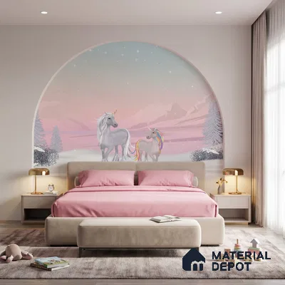 Winter Holiday Scene Wallpaper with a Magical Unicorn in Falling Snow | WP 05243 B Non Woven | 150 GSM WP01MTF Paper | (MOQ = 30 Sq. Ft.)
