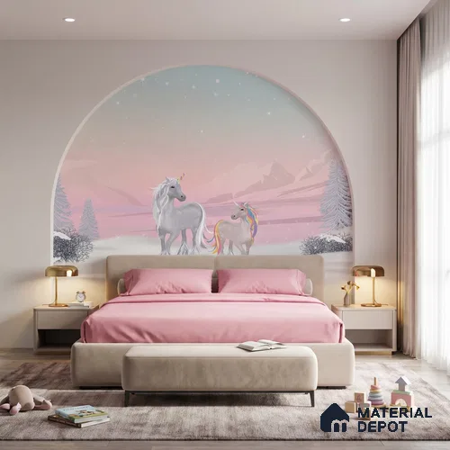 Winter Holiday Scene Wallpaper with a Magical Unicorn in Falling Snow | WP 05243 B Non Woven | 150 GSM WP01MTF Paper | (MOQ = 30 Sq. Ft.)