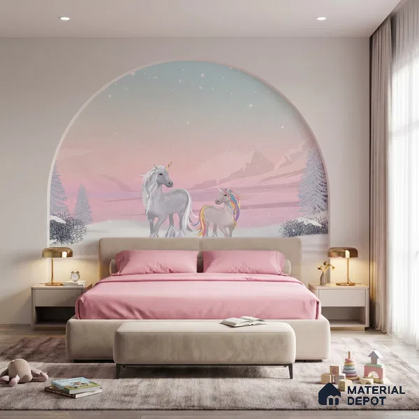 Winter Holiday Scene Wallpaper with a Magical Unicorn in Falling Snow | WP 05243 B Non Woven | 150 GSM WP01MTF Paper | (MOQ = 30 Sq. Ft.)