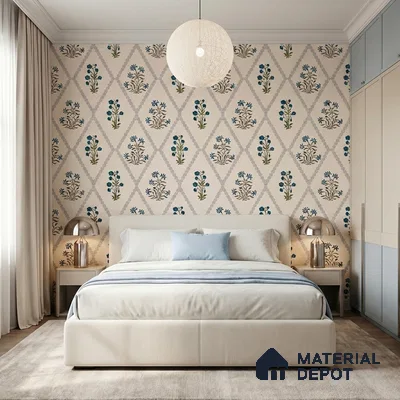 WP 05267 | Ivory Trellis Green Buti Customized Floral Wallpaper - Canvas