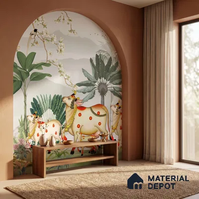 Lotus Reverence Pichwai Art Wallpaper Inspired by Classical Indian Devotion | WP 05251 Canvas | 250 GSM WP01CNF Paper | (MOQ = 30 Sq. Ft.)