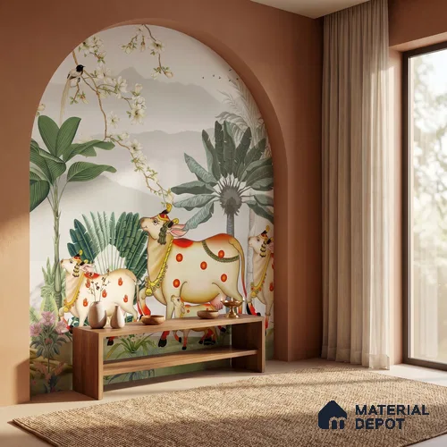 Lotus Reverence Pichwai Art Wallpaper Inspired by Classical Indian Devotion | WP 05251 Canvas | 250 GSM WP01CNF Paper | (MOQ = 30 Sq. Ft.)