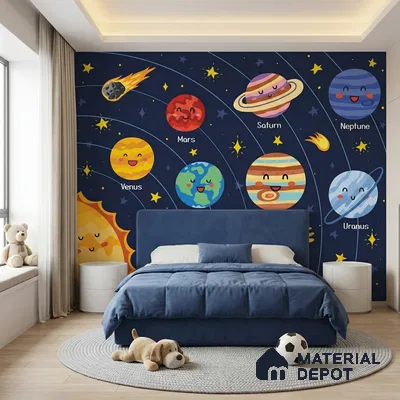 Cute Cartoon Planets and Sun Wallpaper Learning Space Print for Kids | WP 05244 B Non Woven | 150 GSM WP01MTF Paper | (MOQ = 30 Sq. Ft.)