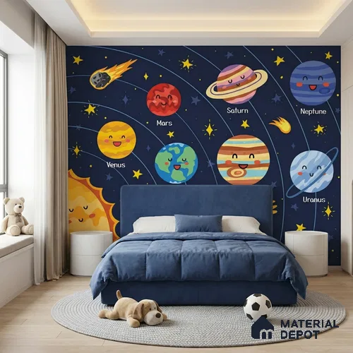 Cute Cartoon Planets and Sun Wallpaper Learning Space Print for Kids | WP 05244 B Non Woven | 150 GSM WP01MTF Paper | (MOQ = 30 Sq. Ft.)