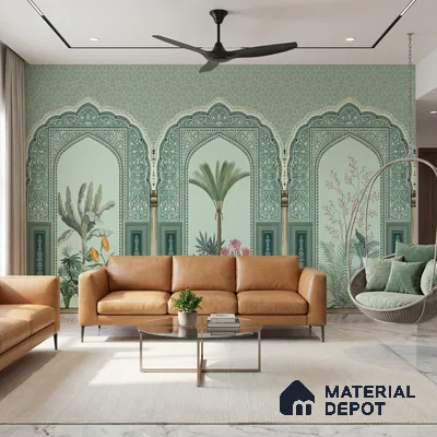 Traditional Mughal Garden Illustration Wallpaper with Ornamental Arches and Trees | WP 05260 Canvas | 250 GSM WP01CNF Paper | (MOQ = 30 Sq. Ft.)